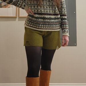 Olive Knit Distressed Women Shorts